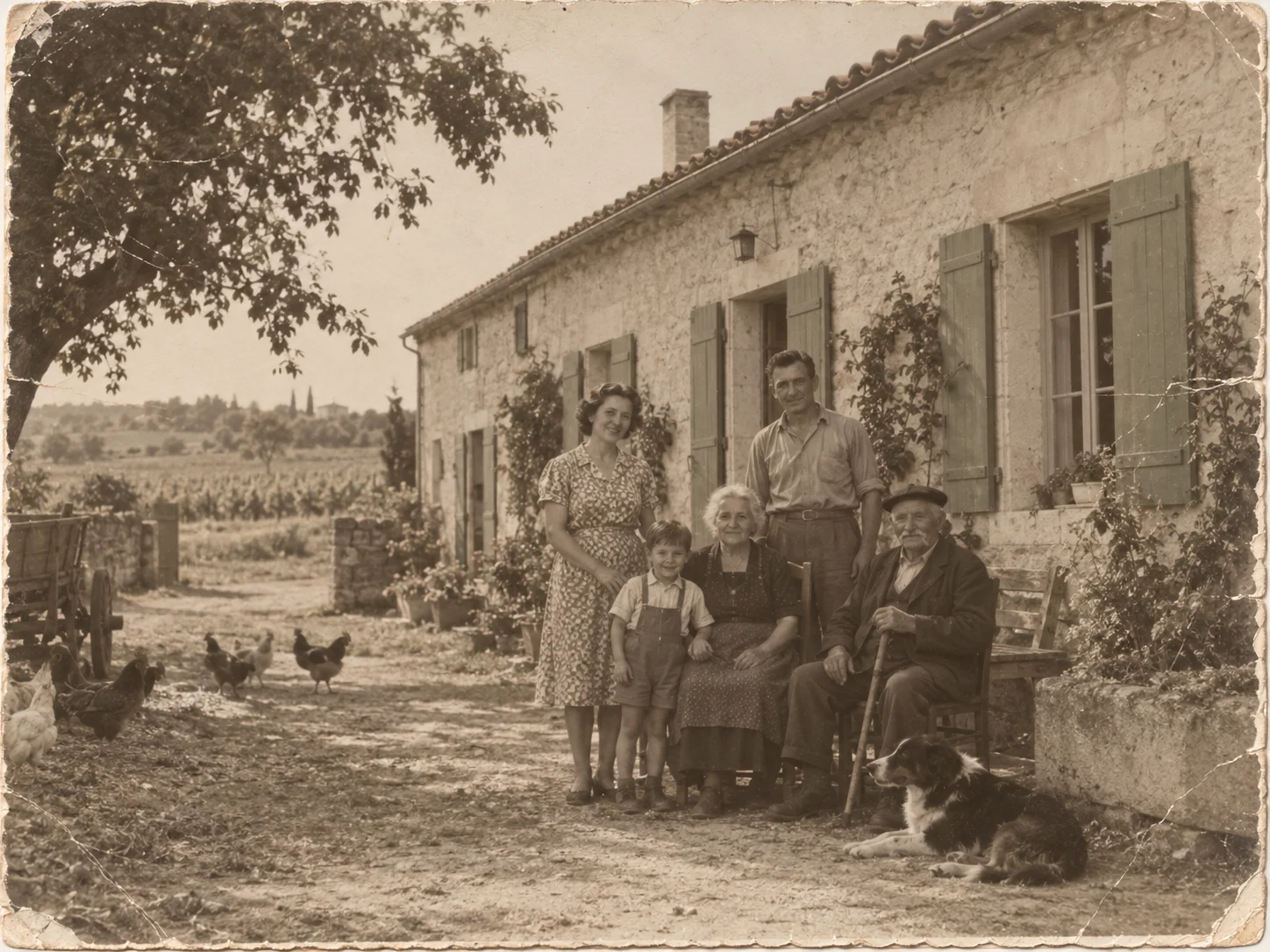 Photo de famille d'époque devant la ferme, tirage sépia vieilli