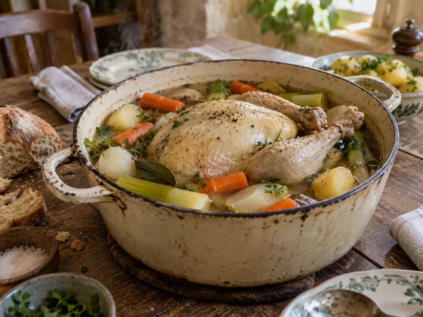 Poule au pot familiale, légumes du jardin et bouillon