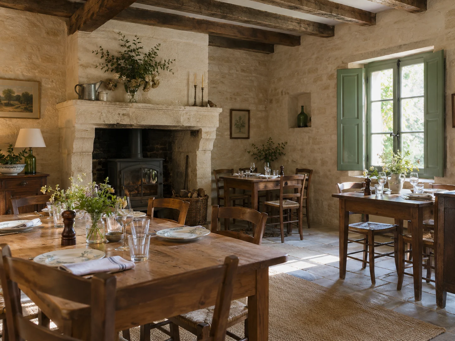 La salle de l'auberge, ses poutres anciennes, ses tables en bois et sa cheminée